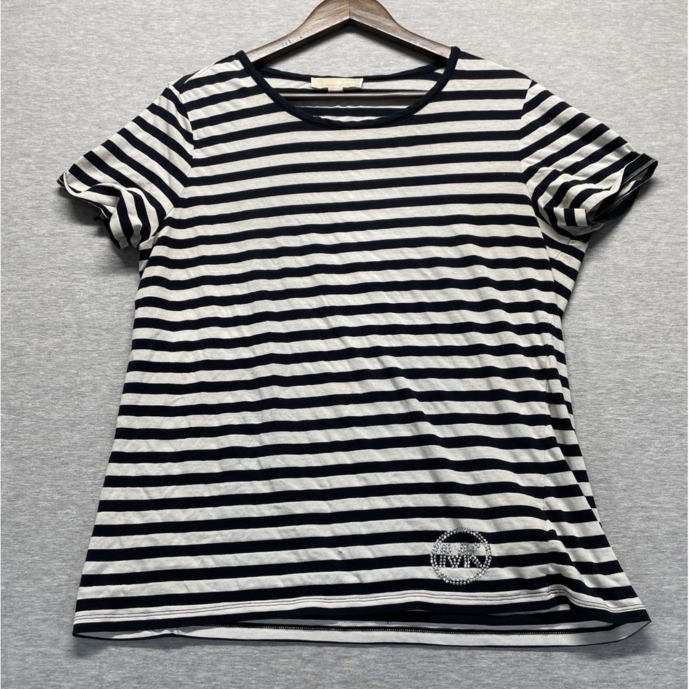 Michael Kors T Shirt Womens Large Black White Striped Rhinestone MK Logo Cotton